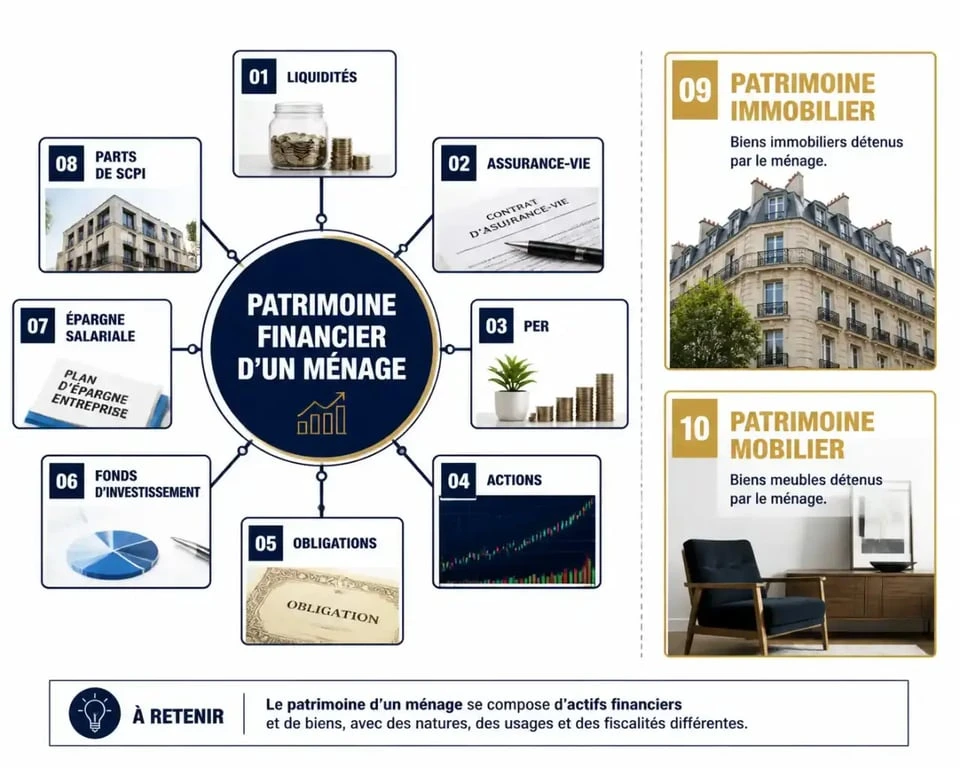 Patrimoine financier : schéma comparatif avec patrimoine immobilier et mobilier