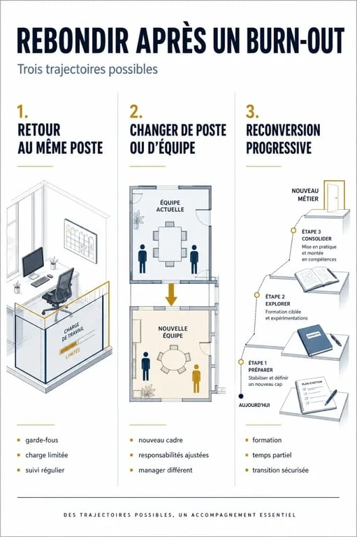 Rebondir après un burn out : comparaison visuelle des options retour au même poste, changement de poste ou reconversion