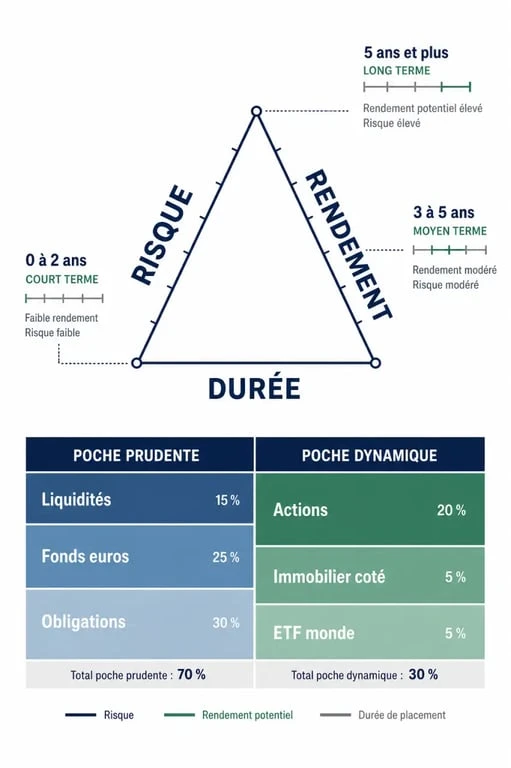 Optimisation des investissements : schéma du triangle risque, rendement et durée avec diversification du portefeuille