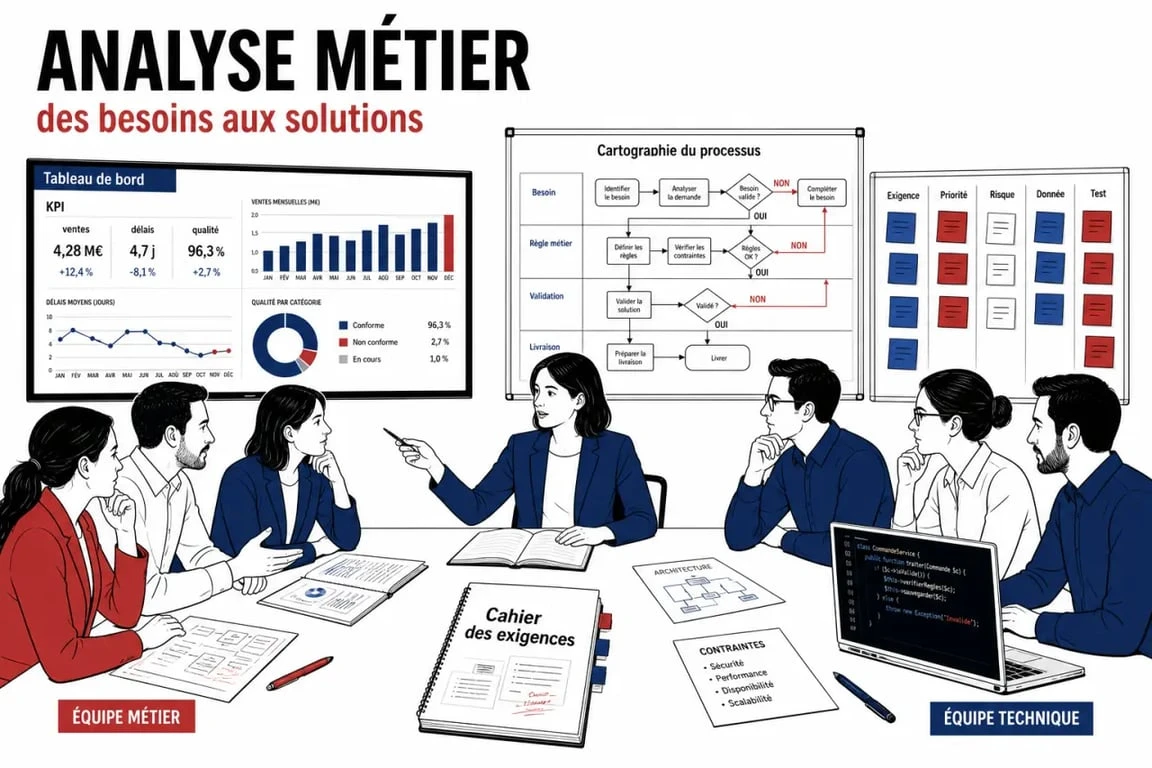 Formation business analyst lyon : illustration éditoriale d’un business analyst entre métier, données et IT