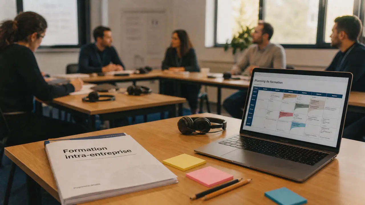 Formation professionnelle intra entreprise en salle : table, planning et groupe de salariés