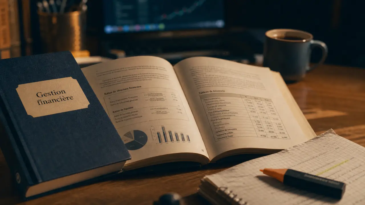 Livre gestion et finance d’entreprise sur table, schémas et ratios