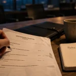 Questionnaire entretien d embauche sur table, main tenant un stylo
