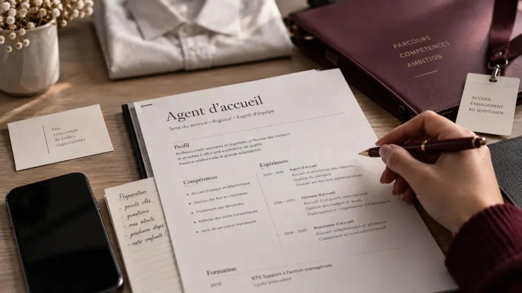 Un CV d’agent d’accueil lisible en une page, avec les bons mots-clés