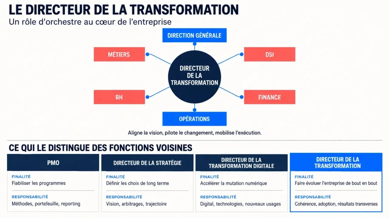 Infographie sur le rôle du directeur de la transformation et ses relations avec le PMO, la stratégie et le digital