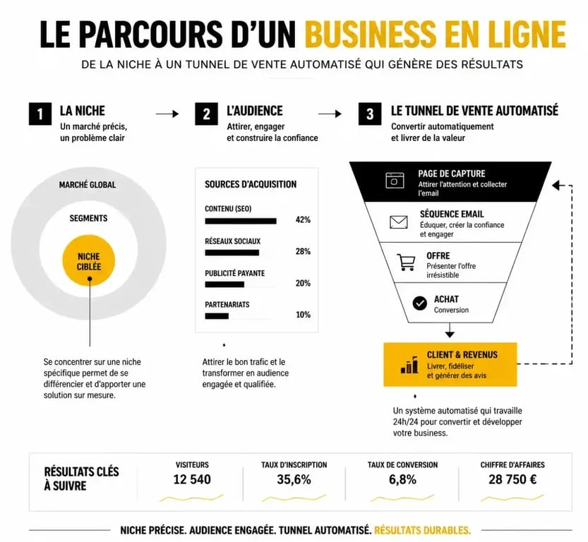 Schéma du parcours business en ligne pour la formation DSA marketing digital