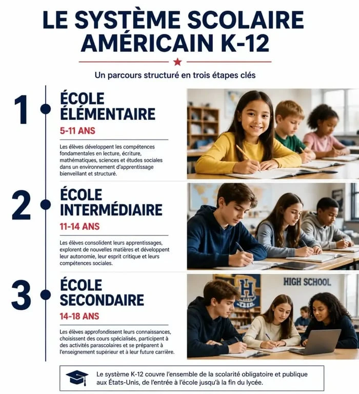 Schéma récapitulatif des niveaux du système scolaire américain K-12 et équivalences d'âge