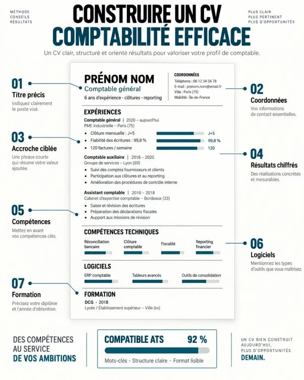 Infographie sur la structure d’un CV comptabilité lisible et compatible ATS