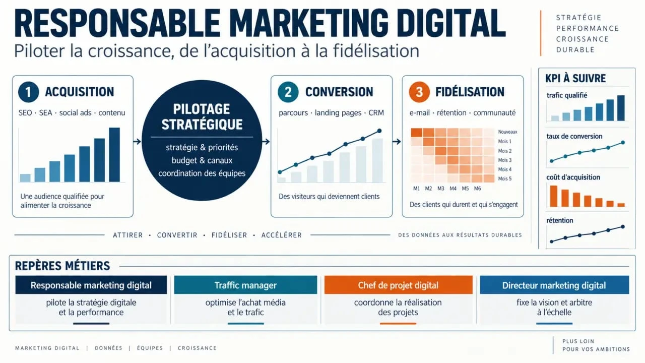 Visuel éditorial sur le métier de responsable marketing digital, ses leviers et ses responsabilités