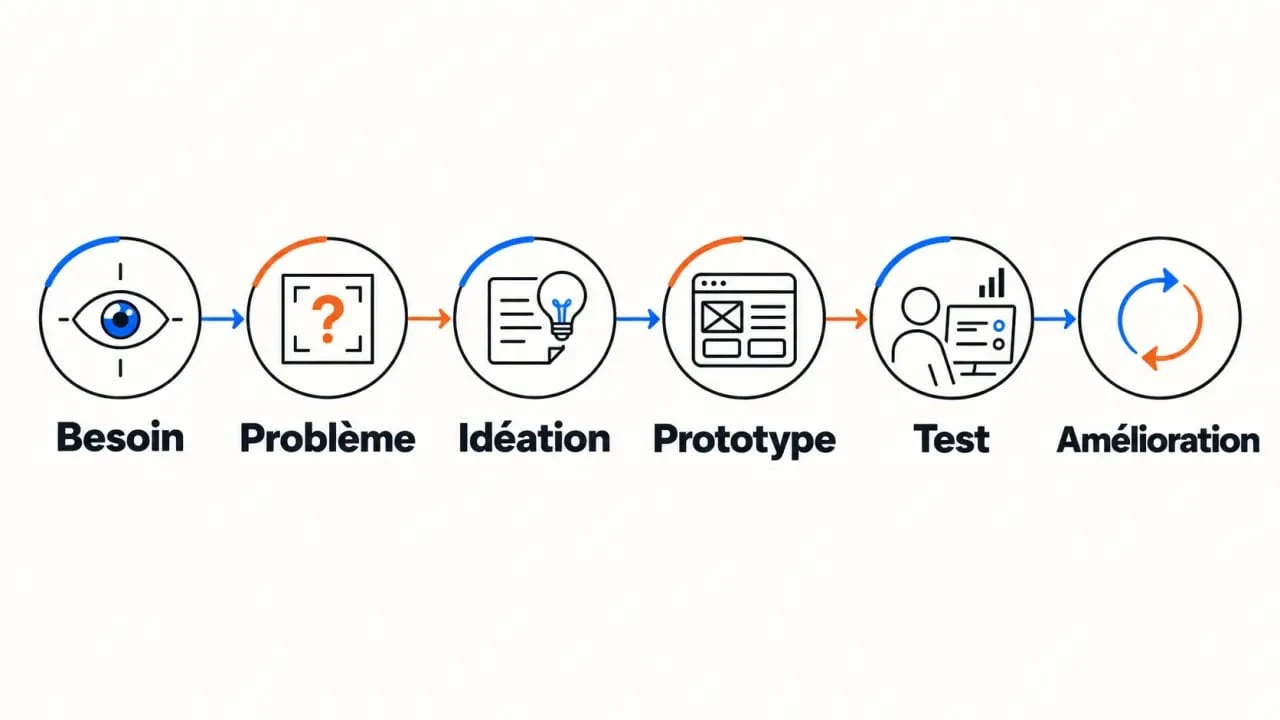 Schéma du design innovation et créativité, du besoin au prototype puis au test