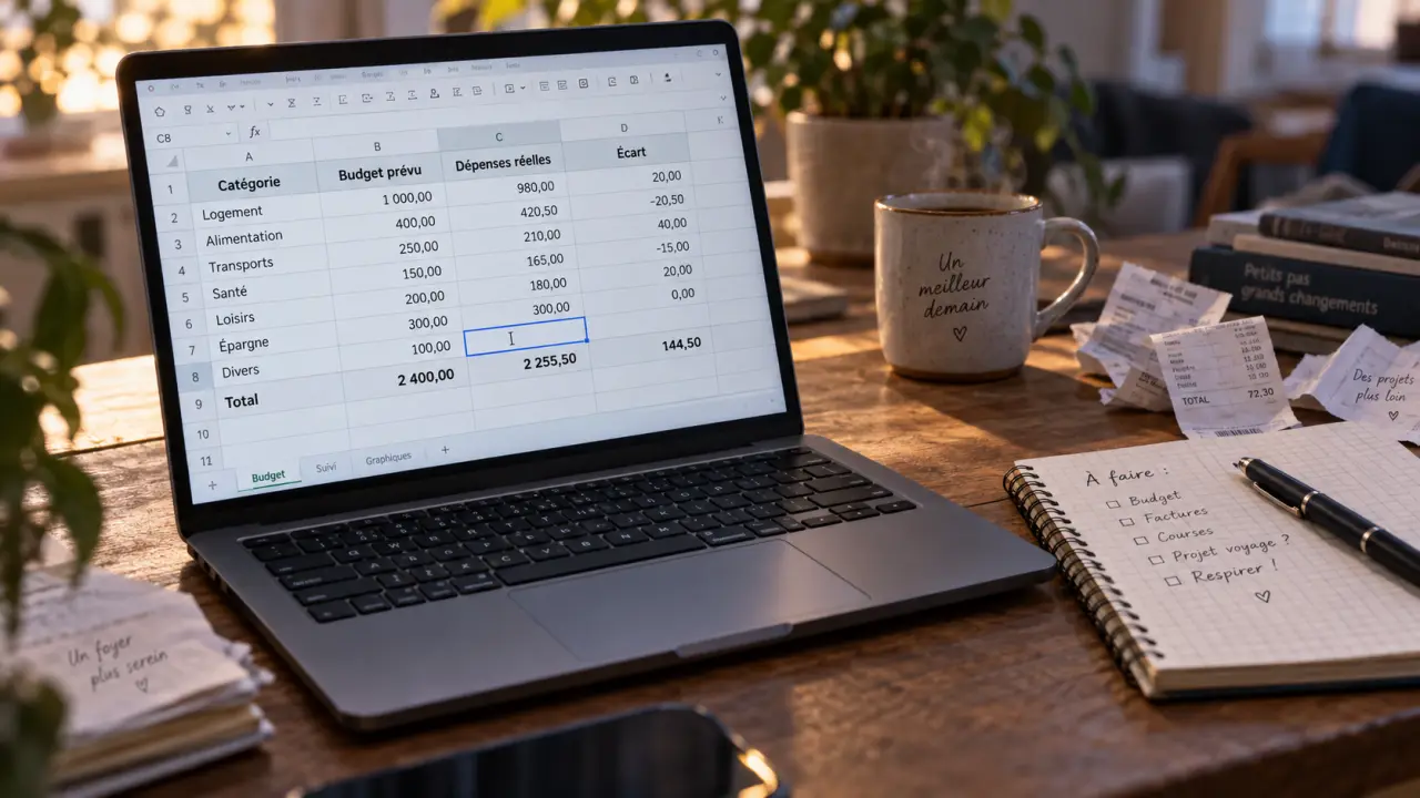 Template excel gestion budget : budget prévu vs dépenses réelles, écart en 4 colonnes