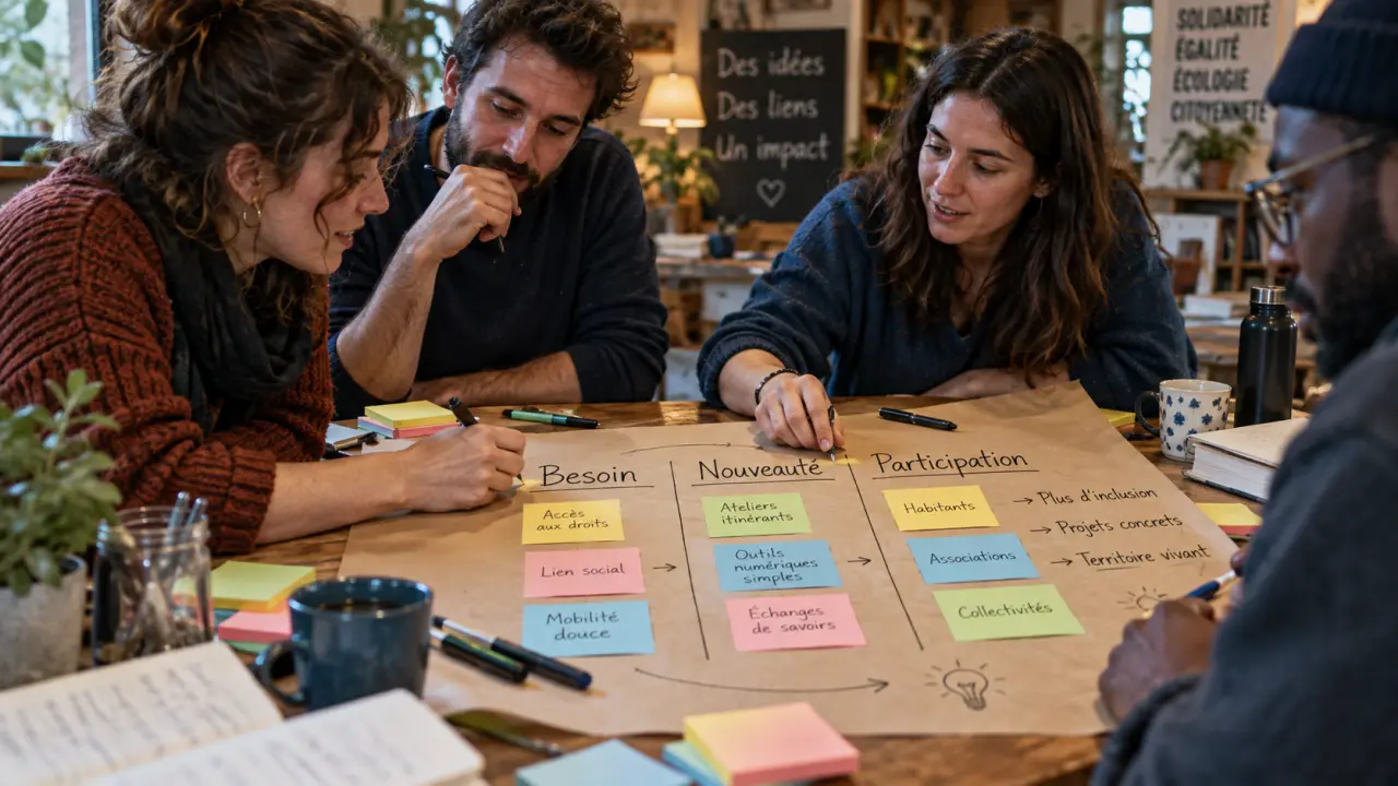 Innovation sociale : groupe associatif évaluant un projet innovant